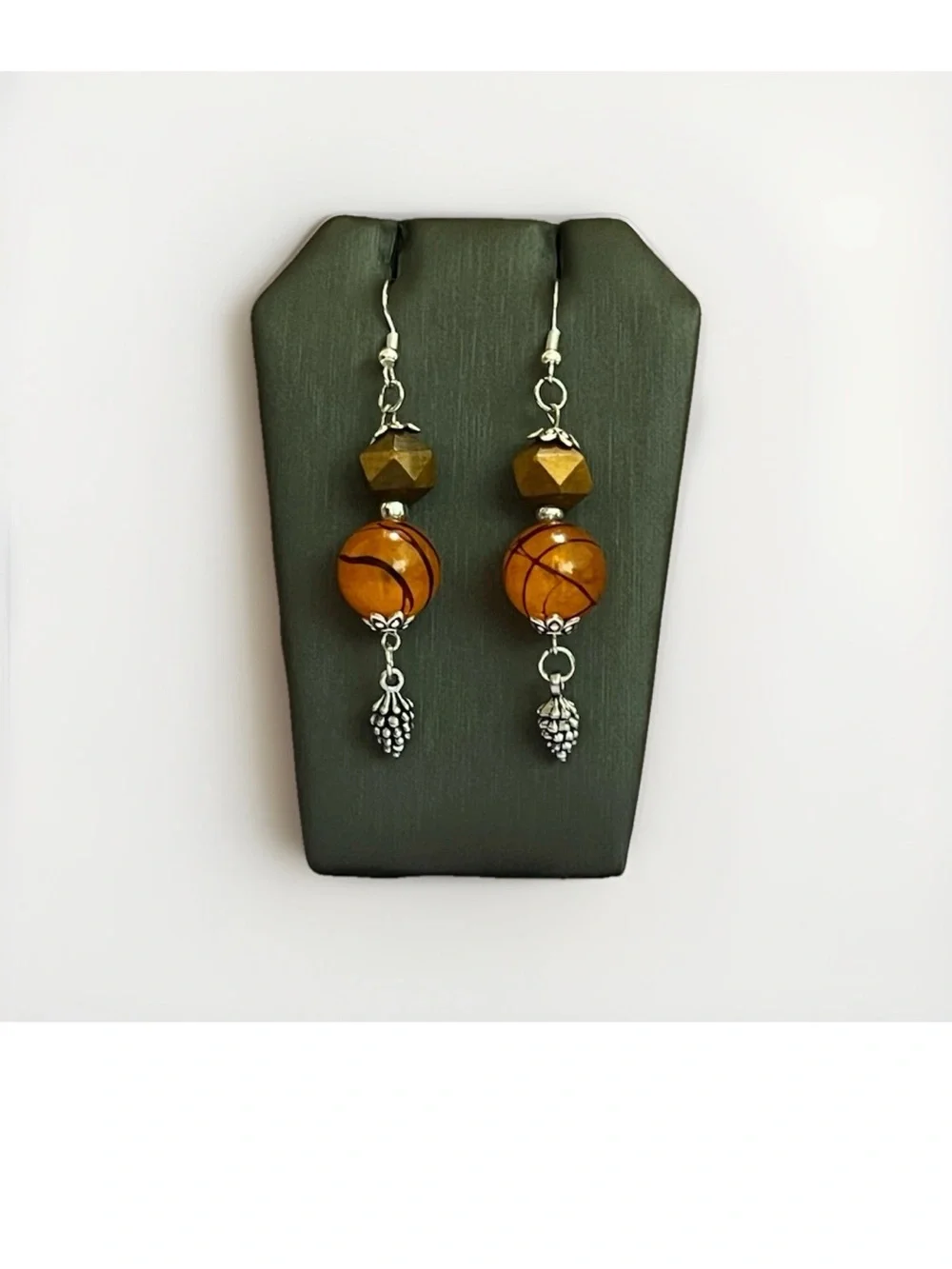 Autumn Fall Halloween Harvest Drop Earrings Orange Striped Bead Silver Tone